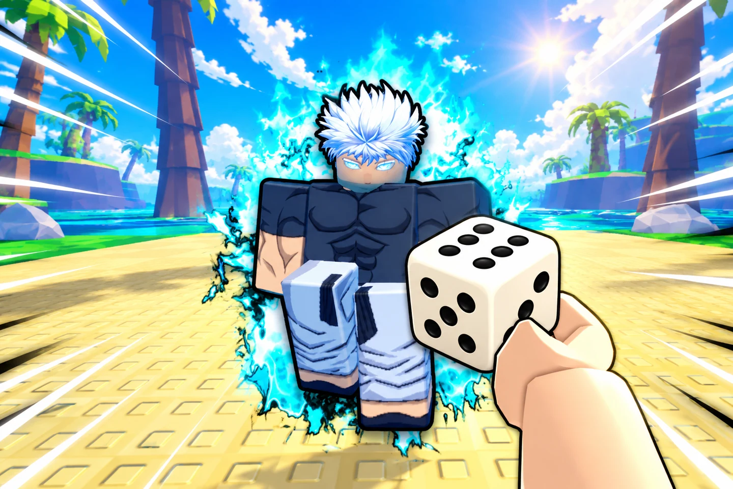 Illustration of an anime character with a cyan aura and a large die in the Anime Dice courtyard